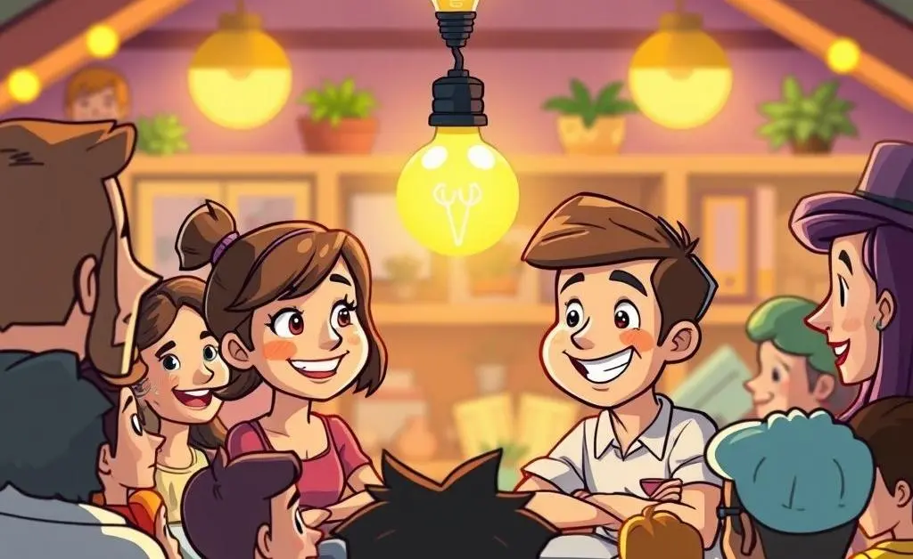A cartoon-style lightbulb moment above Jenny and Tom's head, surrounded by a community discussion group.