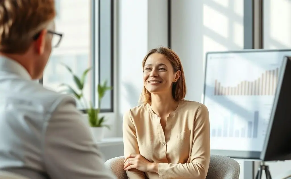 A woman sitting with a financial advisor, looking relieved