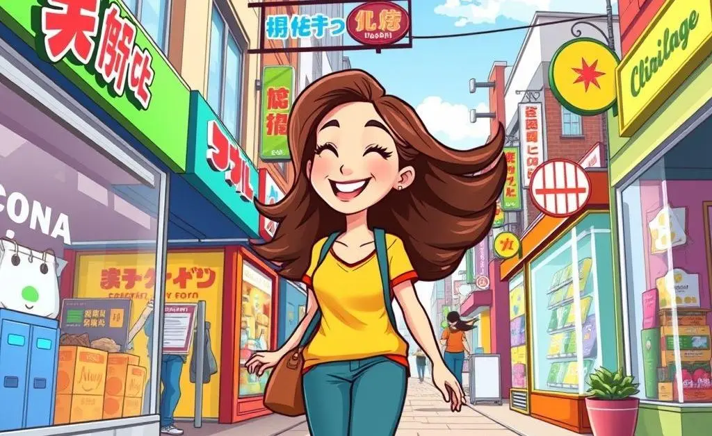 The woman happily walking past a storefront without stopping