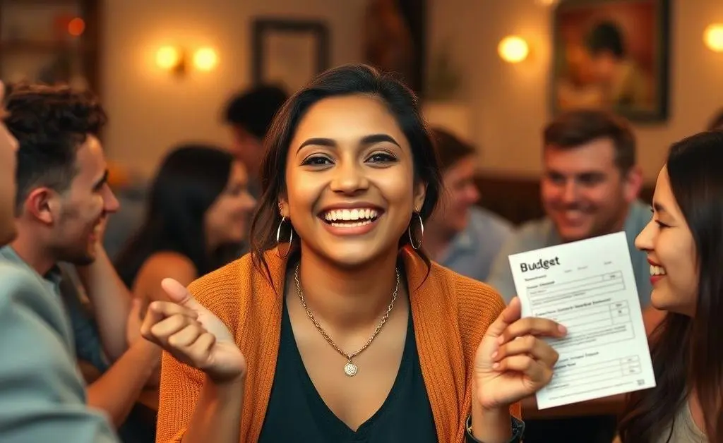 Mia celebrates her new budgeting skills with friends, looking content
