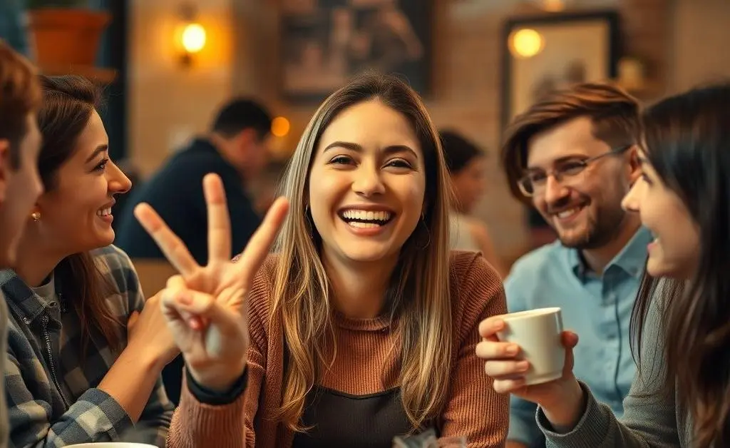 Mia celebrating with her friends over coffee, holding a budget victory sign