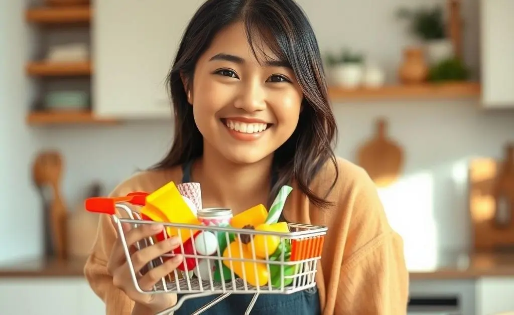 Mia smiling, holding a smaller online shopping cart and a recipe book
