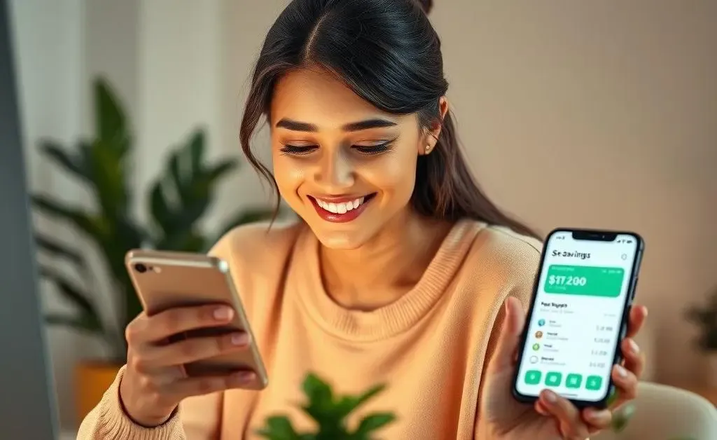 The same woman with a satisfied smile, checking her improved savings in a phone app