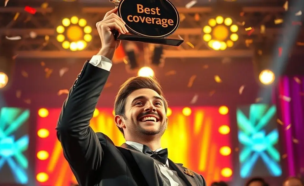 A victorious scene showing Alex receiving a Best Coverage awarded trophy