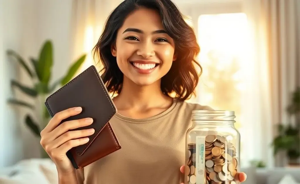 A refreshed Mia smiling, holding a wallet and a jar of savings