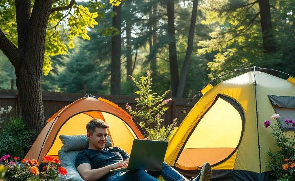 Alex enjoying backyard staycation with a tent and laptop.