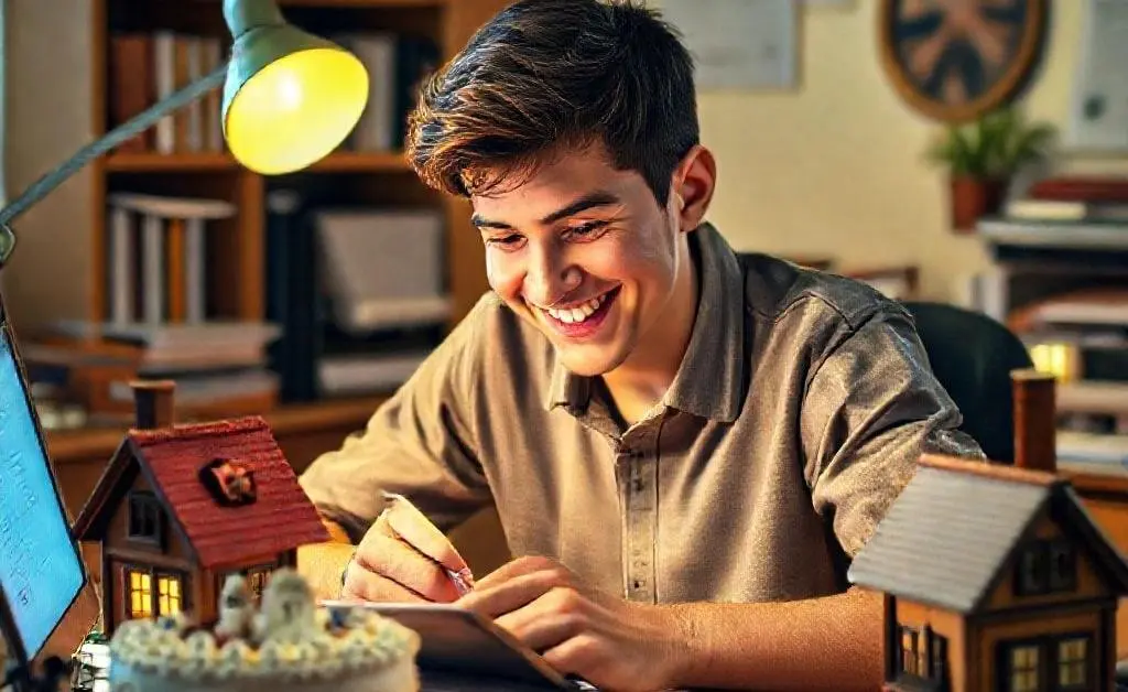 Young man happily doing calculations, a small cake and house on his desk