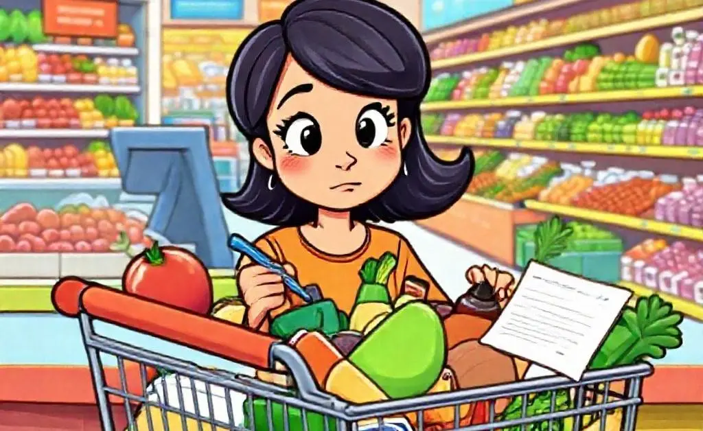 Mia deleting items from her shopping cart and writing notes