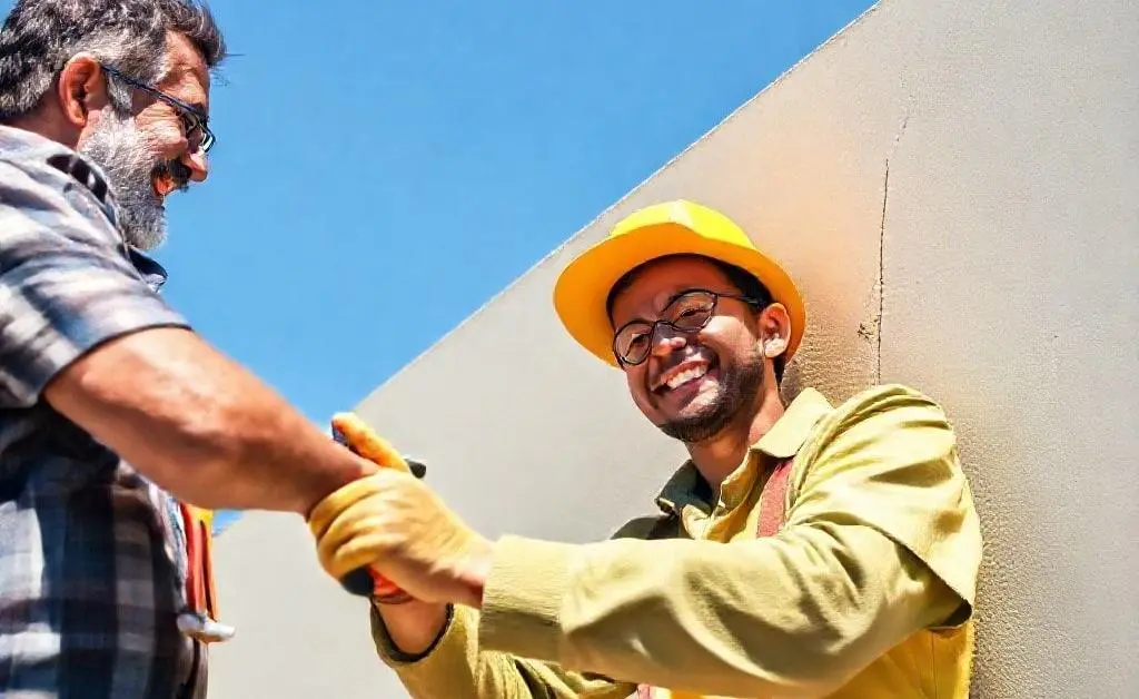 Person happily fixing the wall with proper tools, under neighbor's guidance