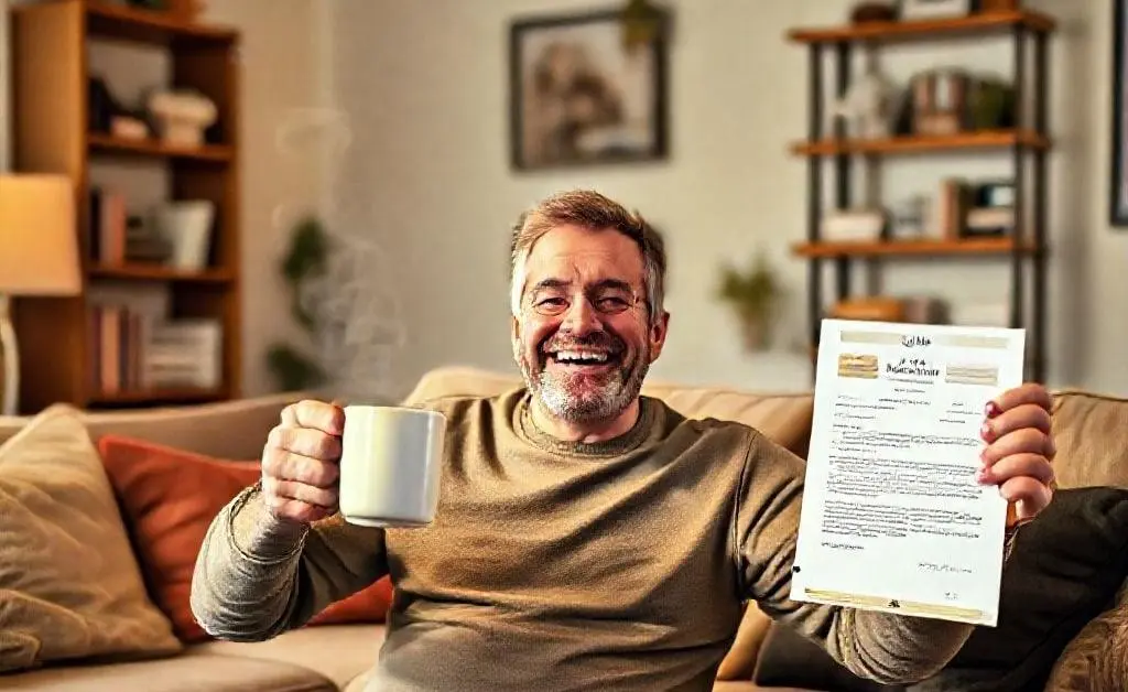 Bob cheerfully drinking coffee in his living room, happily holding up a successful mortgage approval letter