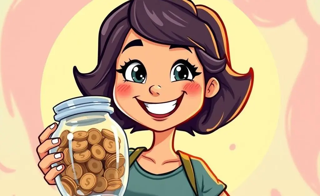 A woman with a savings jar and satisfied smile.