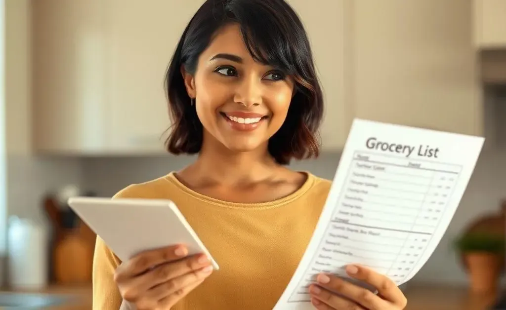 Mia feeling proud, holding a grocery list with modest items, looking at her recent savings.