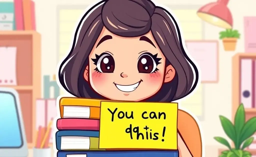 Cartoon of Emily smiling, holding an organized stack of folders, with a sticky note reading 'You can do this!'