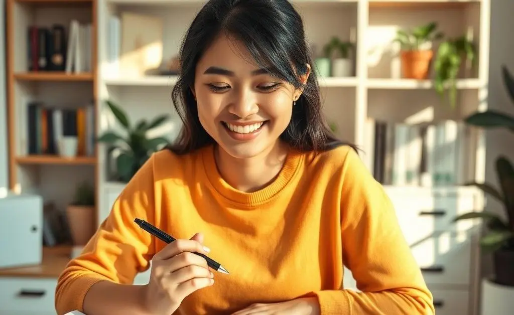 Mia smiling as she revises her budget, feeling confident and relieved