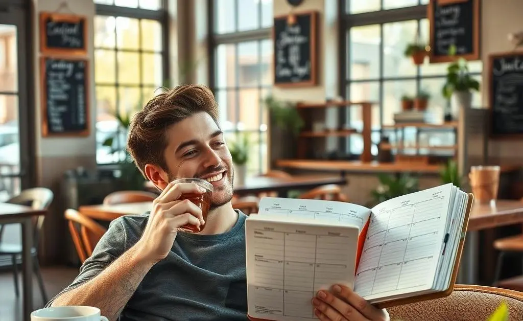 Jake at the same coffee shop, sipping a drink and smiling at a calmer, more organized planner.