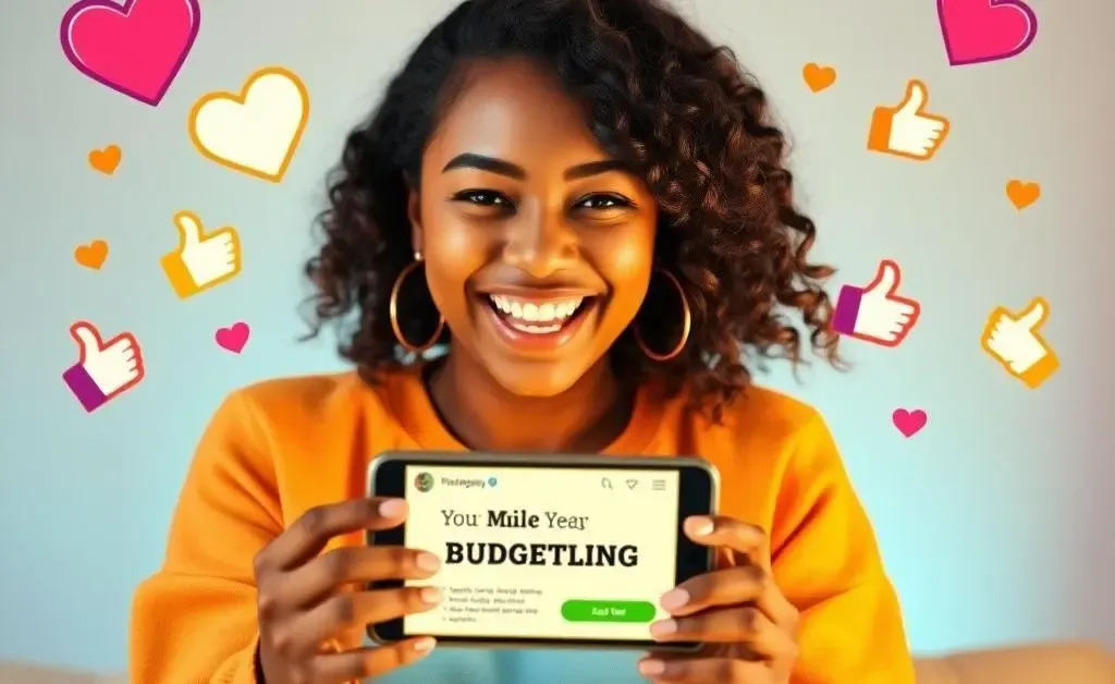 Mia happily sharing her budgeting success on social media, surrounded by icons of positive feedback