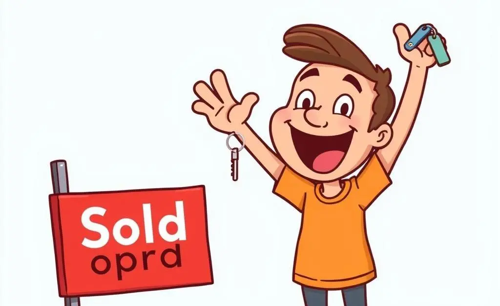 Cartoon style image of Tom smiling proudly in front of a 'Sold' sign and a fully renovated house