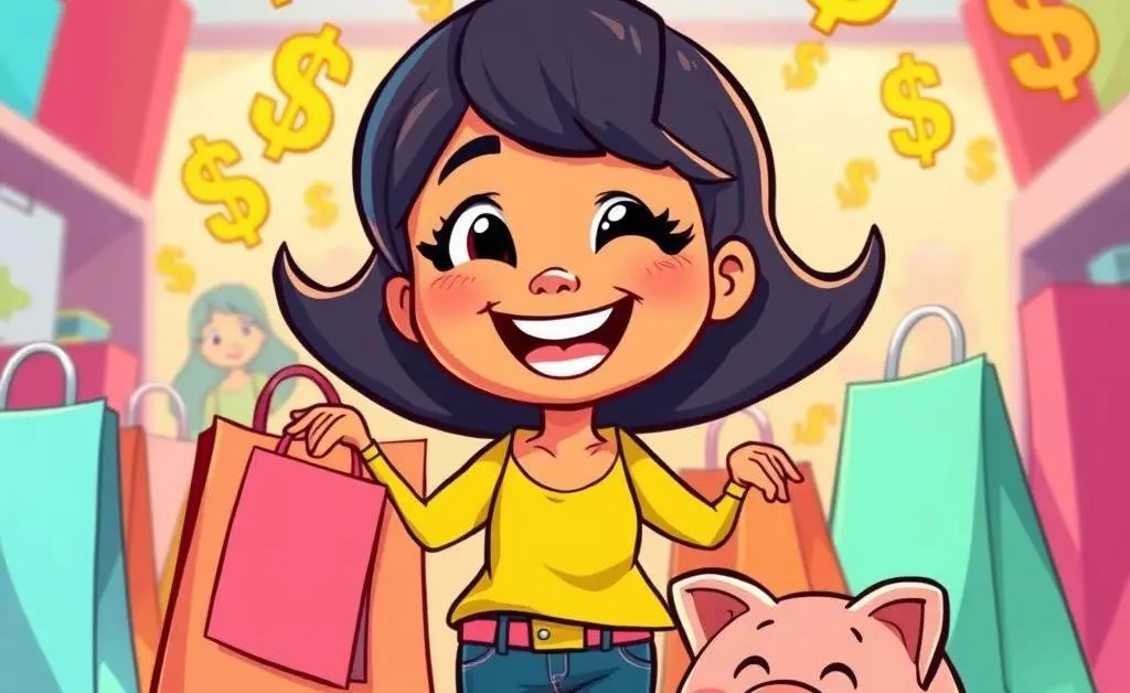 Mia happily saving money with piggy bank