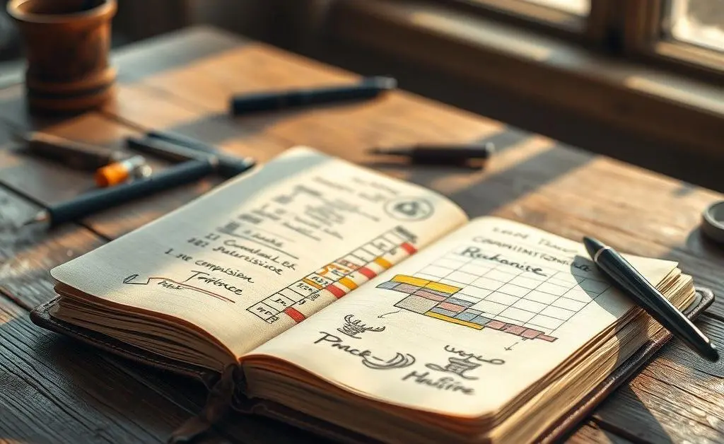 An open notebook with a pen, showing a hand-drawn commission tracker layout.