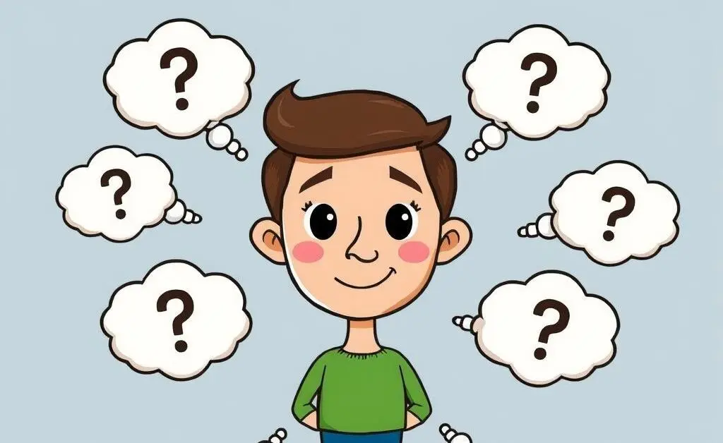 A person surrounded by thought bubbles representing common insurance claims questions.