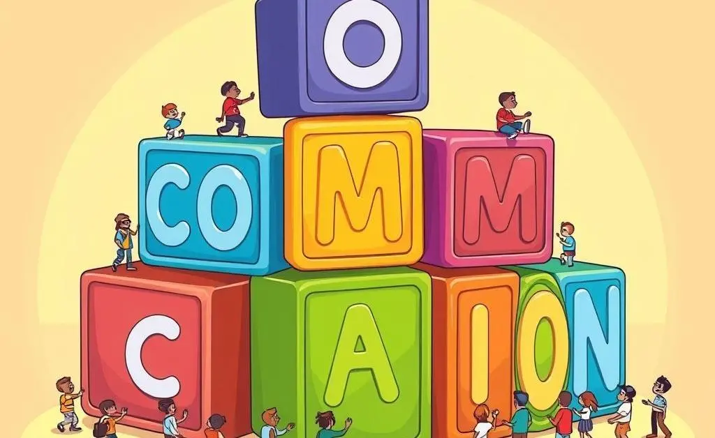Blocks spelling COMMUNICATION with figures discussing