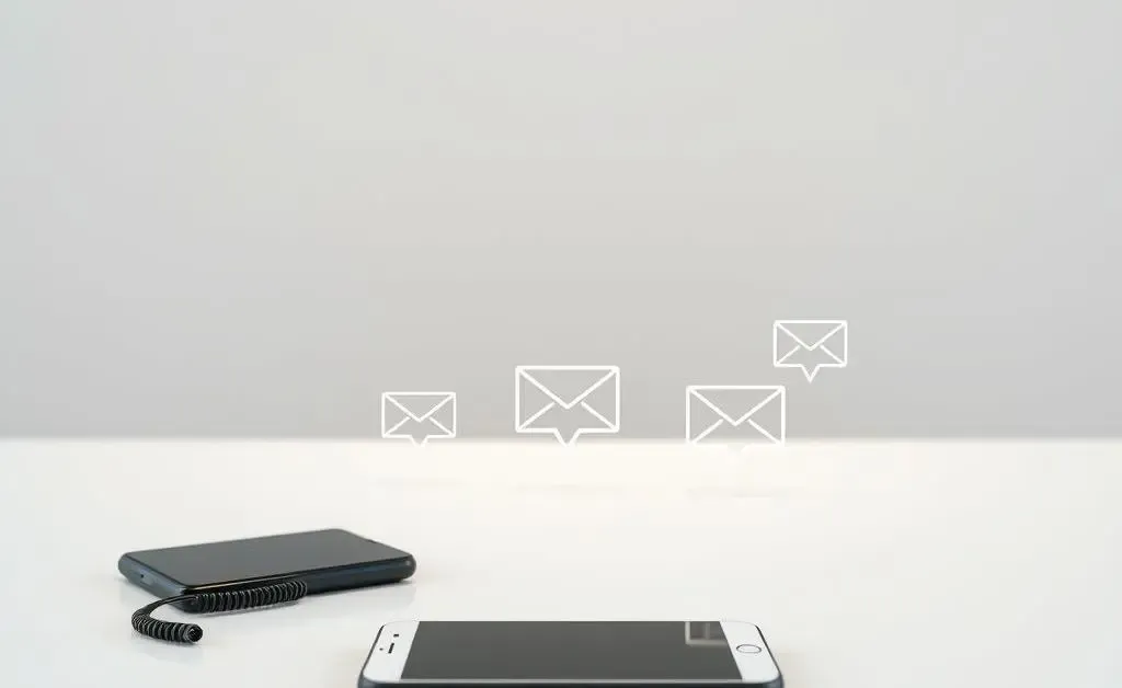 A minimalist table layout with various communication tools such as a phone, email, and chat icons.