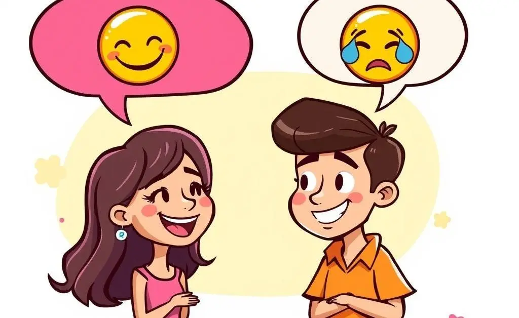 Cartoon-style illustration of a couple chatting with speech bubbles containing happy and sad emojis