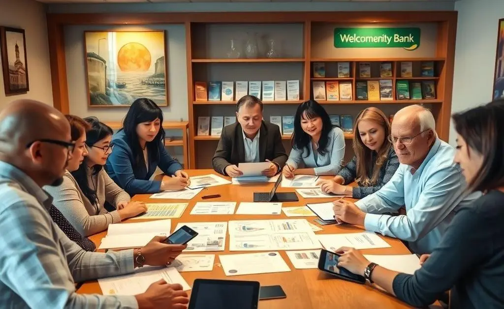 A group of people discussing at a community bank