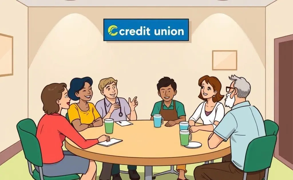 A cartoon-style community meeting at a credit union, people chatting informally.