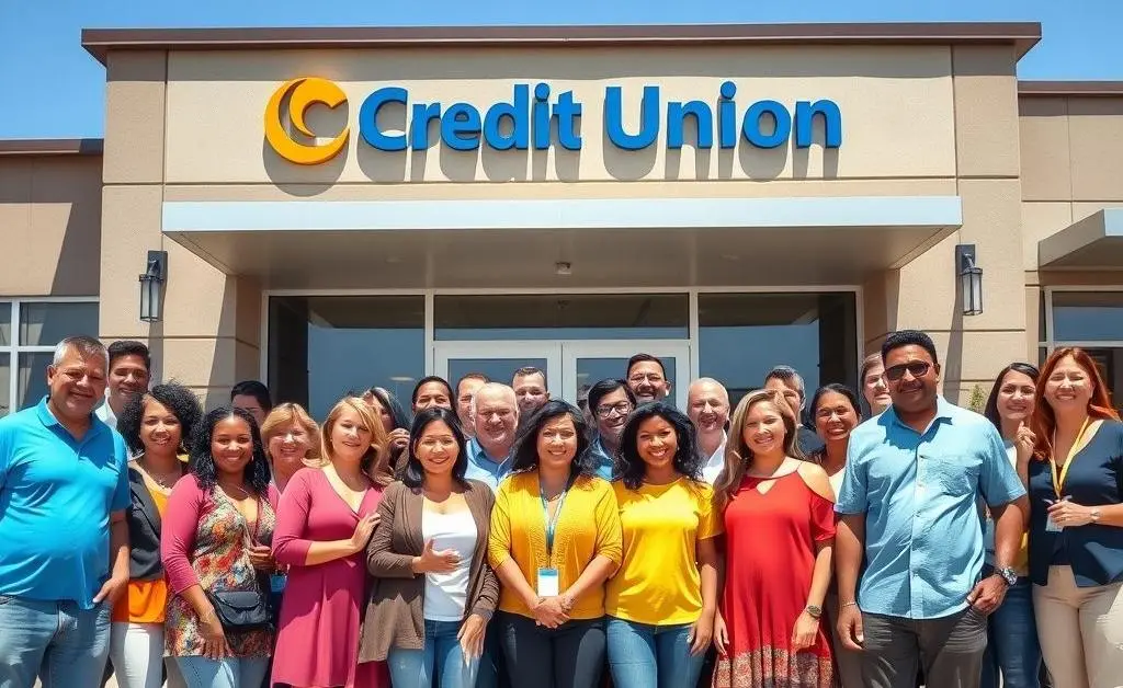 Group of diverse people gathered happily in front of a credit union