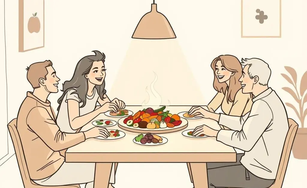 A minimalist illustration of neighbors gathered around a dinner table, sharing food and laughter.