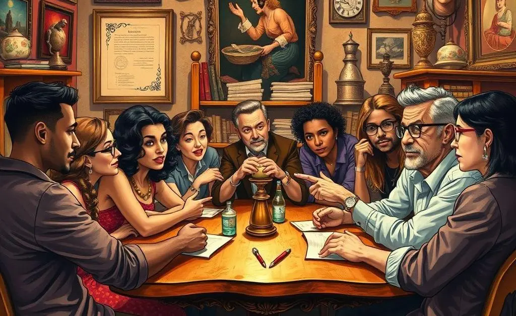 People gathered around a table having a discussion.