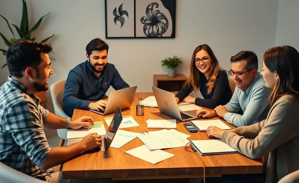 A friendly gathering of four individuals over a table discussing financial strategies.