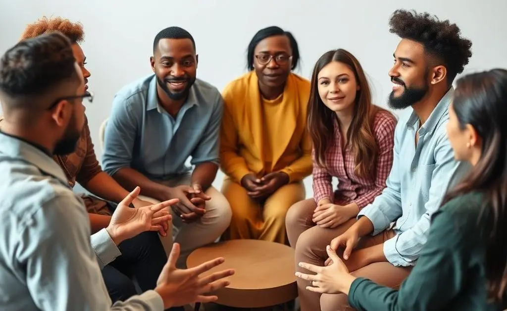 A group of diverse people in discussion.