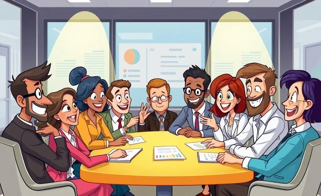 Cartoon-style group of people sitting and discussing economic trends.