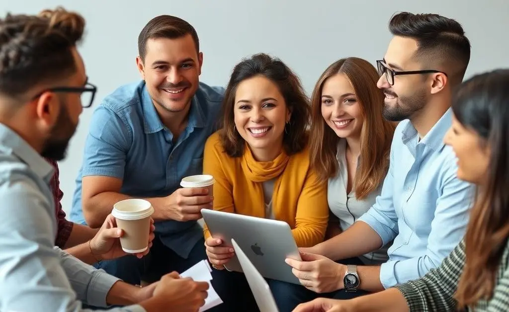 A group of diverse individuals in a casual discussion about investments, with laptops and coffee cups