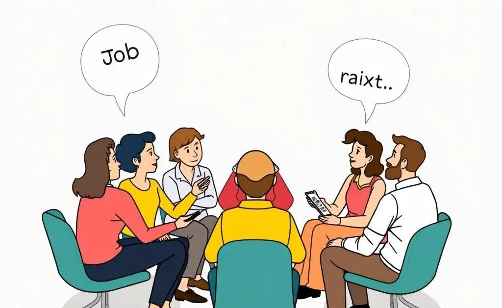 A group of people discussing job market changes.
