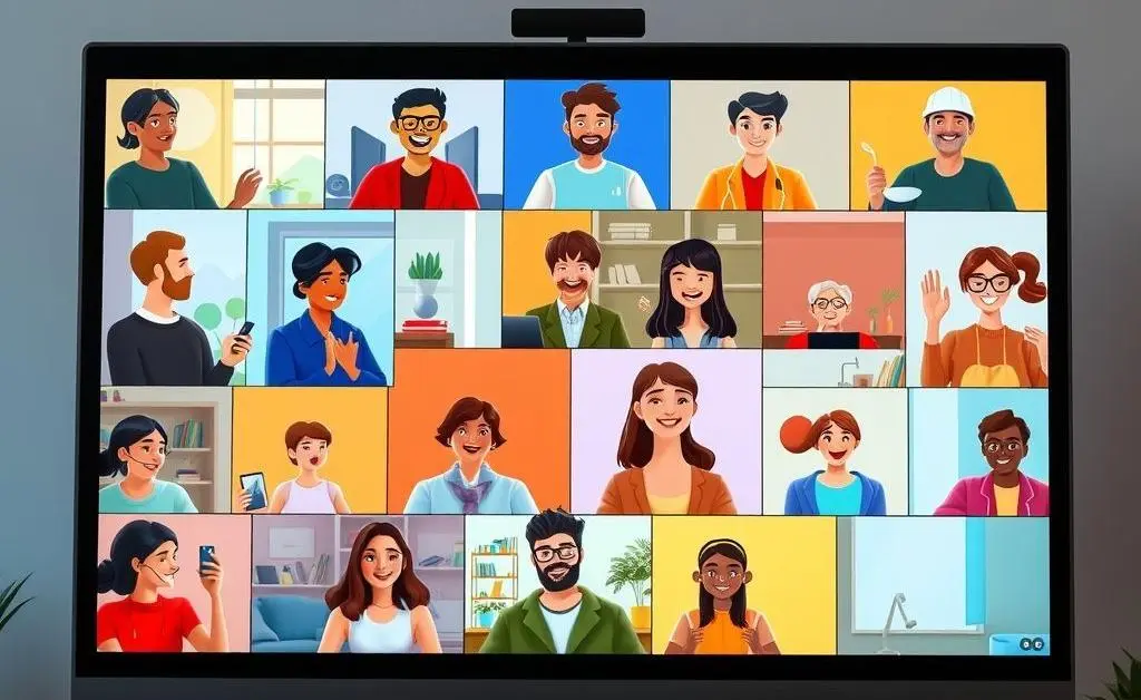 A group of people having a lively discussion online through a virtual meeting platform.