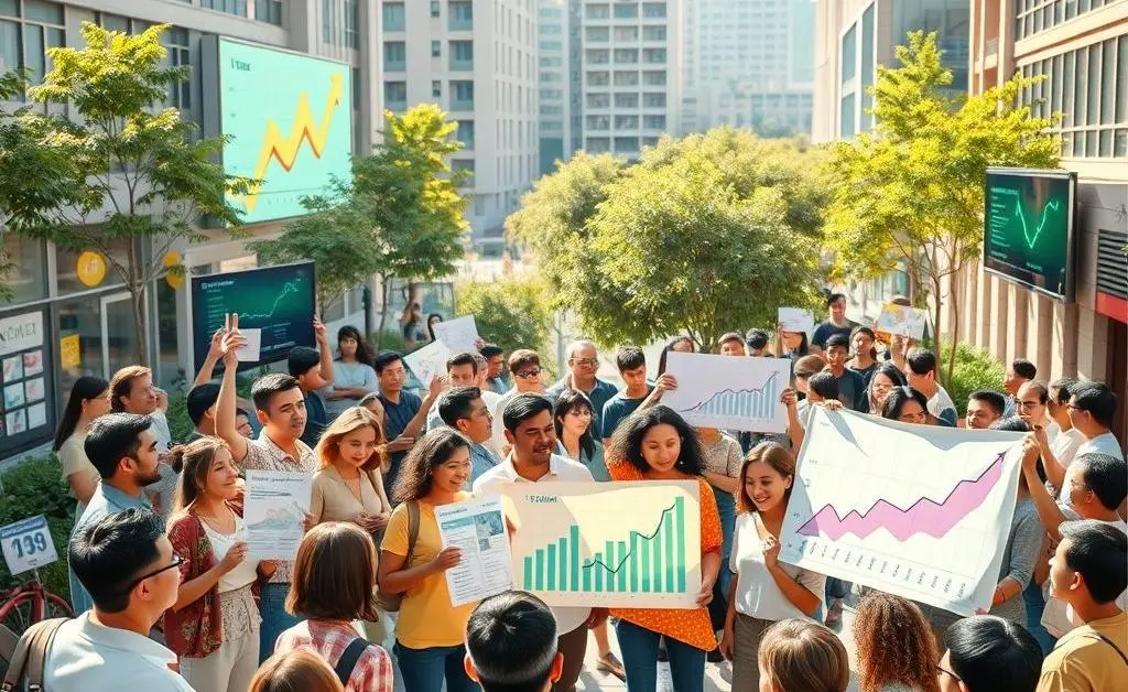 Image showing people in a community setting discussing and displaying economic growth symbols.