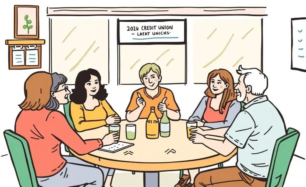 A community gathering in a relaxed setting where credit union members share experiences, illustrated in a hand-drawn style.