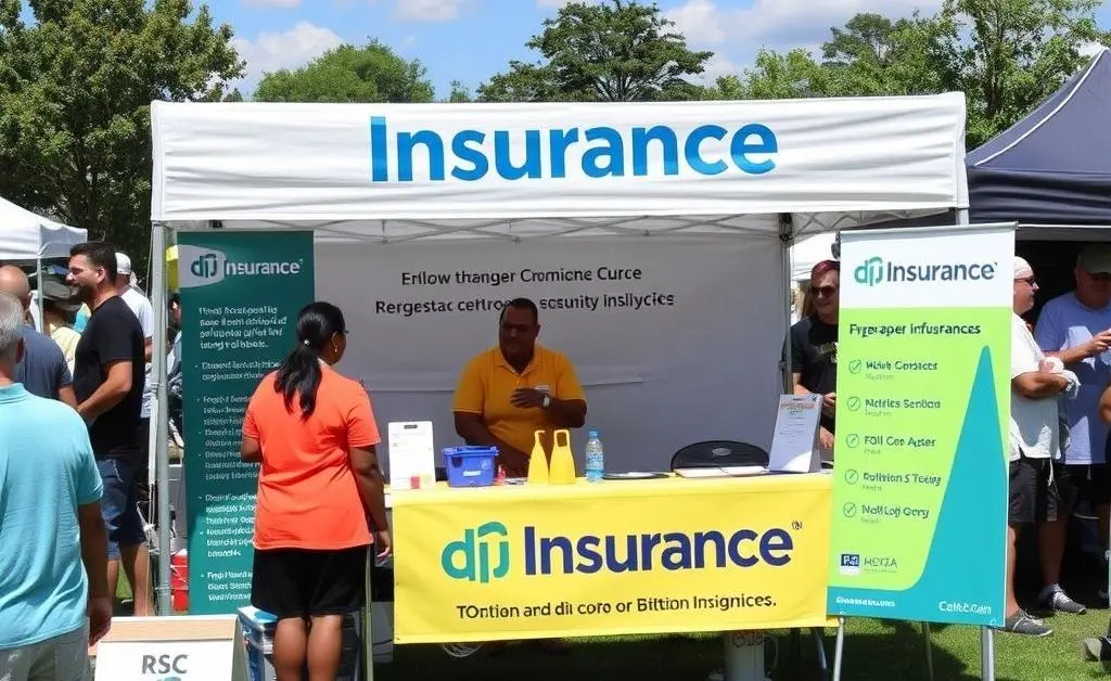 An insurance booth setup at a vibrant community event