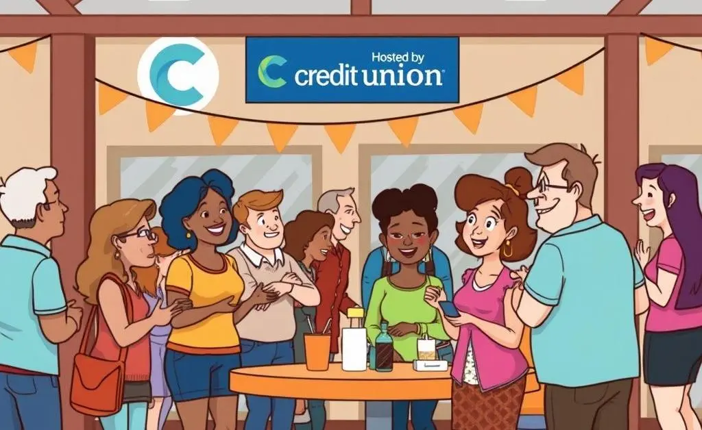 Community event hosted by a credit union, with people chatting and having fun