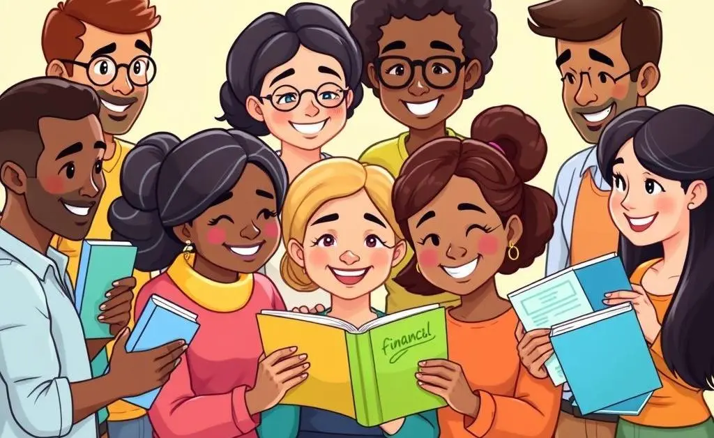 Diverse group holding financial books and calculators.