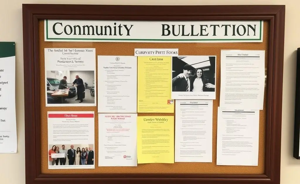 A community bulletin board at a local credit union with various events posted.