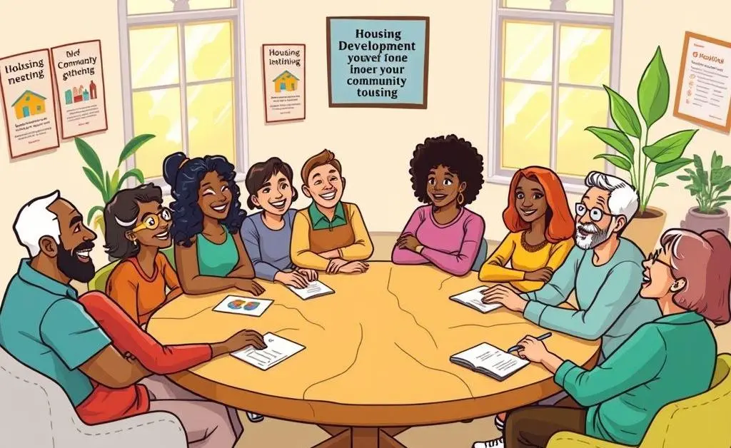 A cartoon of a friendly community meeting with members discussing housing plans around a round table.