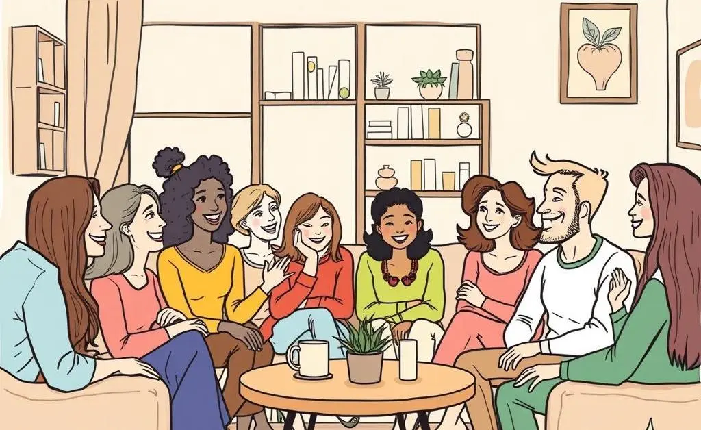 Hand-drawn image of a diverse group of people happily gathered in a cozy living room, chatting and sharing ideas.