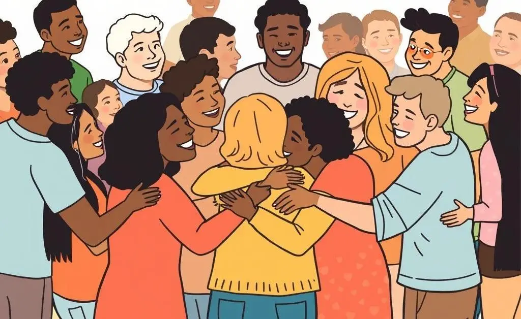 A community gathering with diverse people embracing