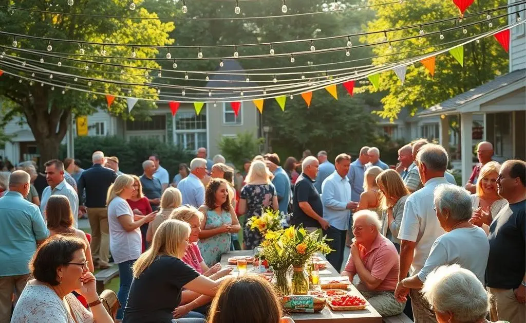 A community gathering in progress with people sharing snacks and chatting