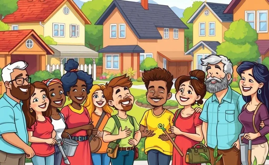 Cartoon illustration of neighbors chatting and helping each other