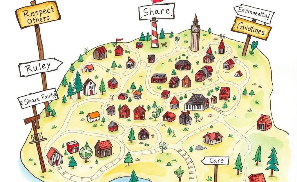 A hand-drawn map with various 'community guidelines' as landmarks.